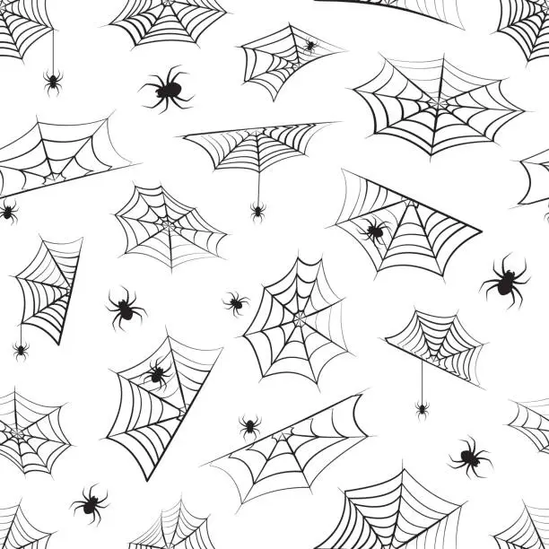 Vector illustration of Halloween vector seamless pattern, cobweb and hanging spiderweb . Black spider background, horror print for holiday decoration. Creepy illustration