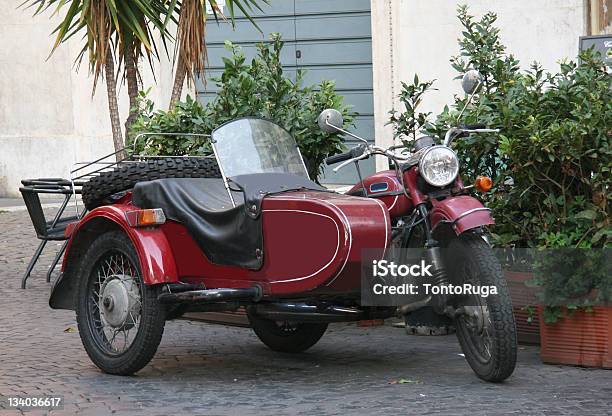 Red And Black Retro Motorcycle With Sidecar Combination Stock Photo - Download Image Now