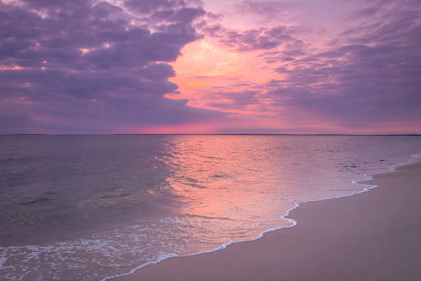 istock Tropical pink sunset seascape on Cape Cod beach with purple clouds and gentle white waves rolling in on the pastel-toned sand 1340366328