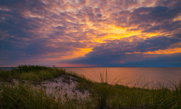 istock Seascape with red sunset behind dark bluish-purple clouds over sand dunes 1340366329