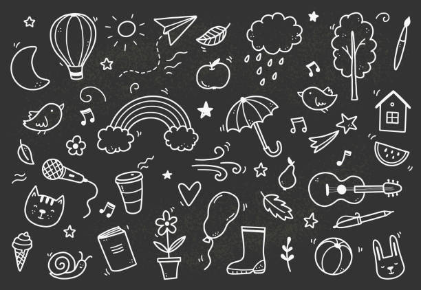 illustrations, cliparts, dessins animés et icônes de mignon griffonnage au tableau avec nuage, arc-en-ciel, soleil, animal - toy umbrella