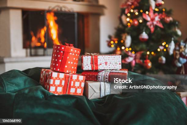 Cozy Christmas At Home Stock Photo - Download Image Now - Christmas Stocking, Fireplace, Photography
