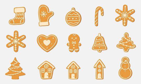 Set with Christmas gingerbread cookies. Winter holiday food. Christmas collection. Gingerbread man, house, christmas tree, snowman, snowflake. Vector illustration isolated on white background.