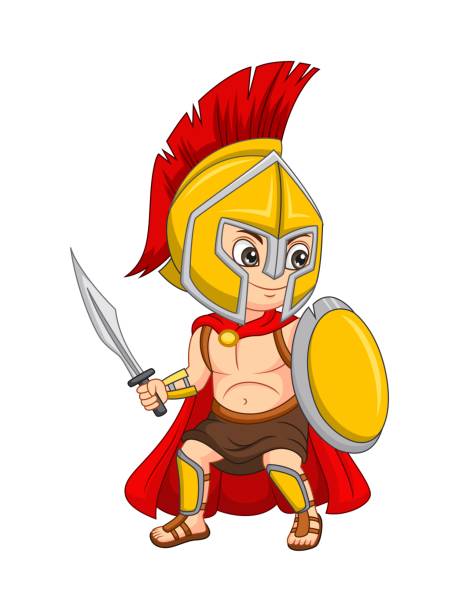 cartoon spartanischer kriegerjunge mit schwert und schild - weapon spear medieval lance stock-grafiken, -clipart, -cartoons und -symbole