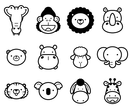 Animal characters vector art illustration.
Cute Animals icon set in black and white.