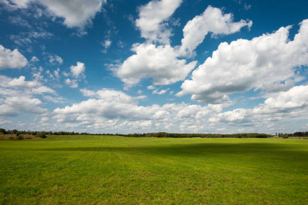panoramic rural scenery under wide partly clouded sky at summer time in Southern Germany