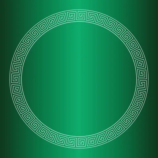 Vector illustration of Seamless Meander Pattern Round Frame In Green And White Color, Greek Key Pattern Background