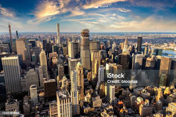 Aerial View Of Manhattan At Sunset Stock Photo - Download Image Now - New York City, Urban Skyline, Manhattan - New York City