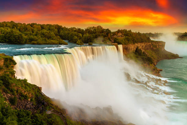 American falls at Niagara falls View of American falls at Niagara falls at sunset, USA, from the American Side horseshoe bend river stock pictures, royalty-free photos & images