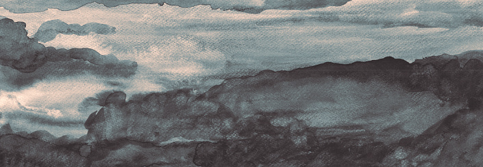 Handmade black grey cloudscape texture watercolor painting original artwork abstract background banner. High resolution scanned file technique.