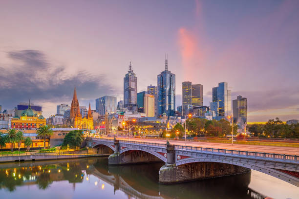 istock Melbourne city skyline at twilight, Australia 1340383454