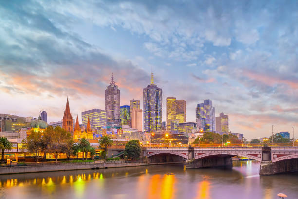 istock Melbourne city skyline at twilight, Australia 1340383467