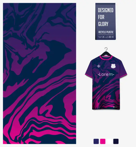 Vector illustration of Soccer jersey pattern design.  Abstract pattern on violet background for soccer kit, football kit or sports uniform. T-shirt mockup template. Fabric pattern. Abstract background.