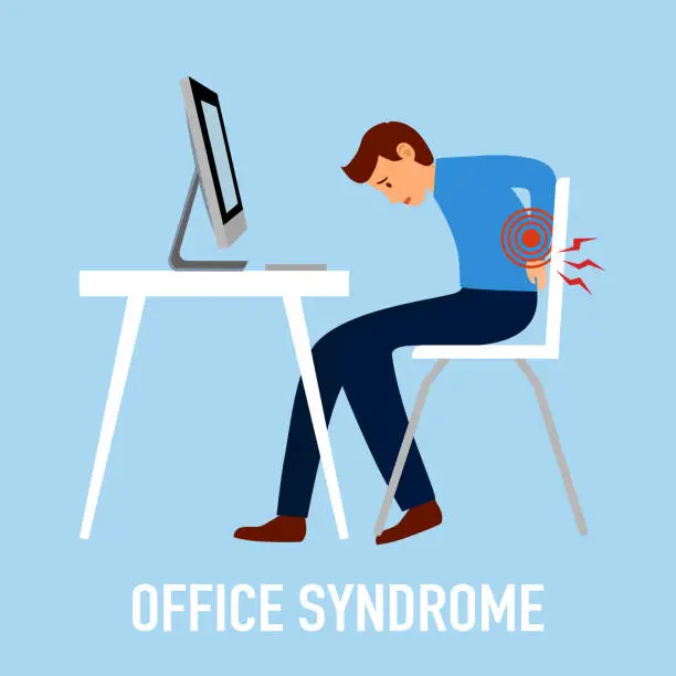 Vector illustration of Office syndrome concept vector illustration. Businessman has backache symptom at workplace. Muscle or bone problem.
