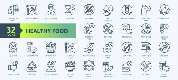 ilustraciones, imágenes clip art, dibujos animados e iconos de stock de thin line icon set de comida saludable, halal, kosher, vegana. colección de iconos de contorno. - sales growth