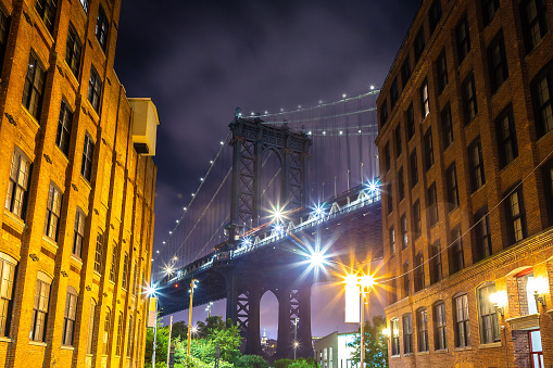 Night view of Manhattan Bridge from Brooklyn in New York City, USA