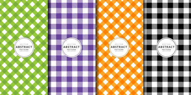 Vector illustration of Halloween digital paper. Abstract geometric buffalo check and gingham pattern set. Orange, Black, White. Endless texture with decorative fabric. Picnic tablecloth checkered. scrapbook