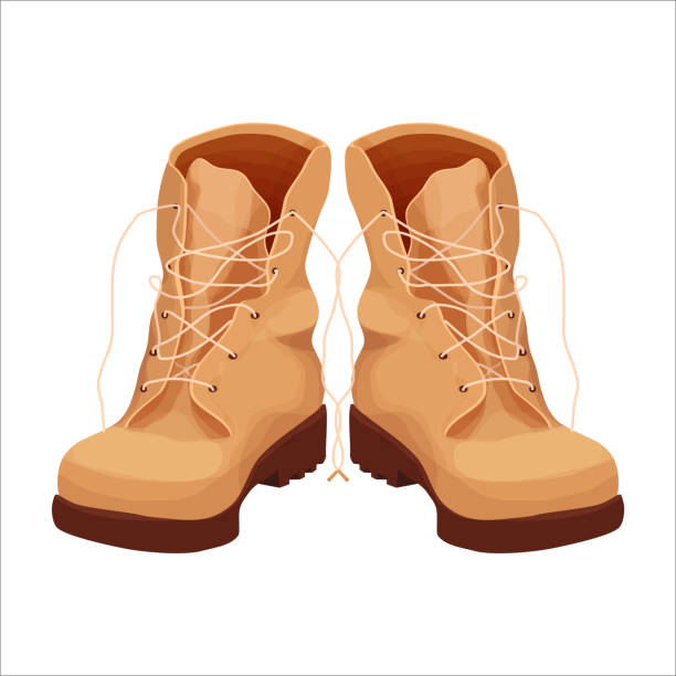 ilustrações, clipart, desenhos animados e ícones de par de botas militares, sapatos de viagem de montanha no estilo desenho animado isolados em fundo branco. calçado casual de couro de outono. ilustração vetorial - military boots