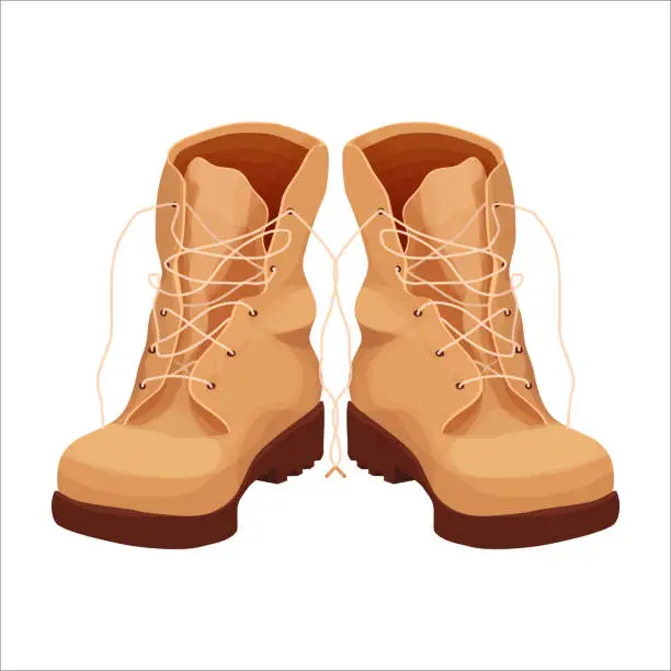 Vector illustration of Pair of military boots, mountain travel shoes in cartoon style isolated on white background. Autumn casual leather footwear. Vector illustration