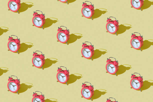 istock Pattern pastel alarm clocks minimal concept of time or deadline or wake. Modern creative concept. 1340403447