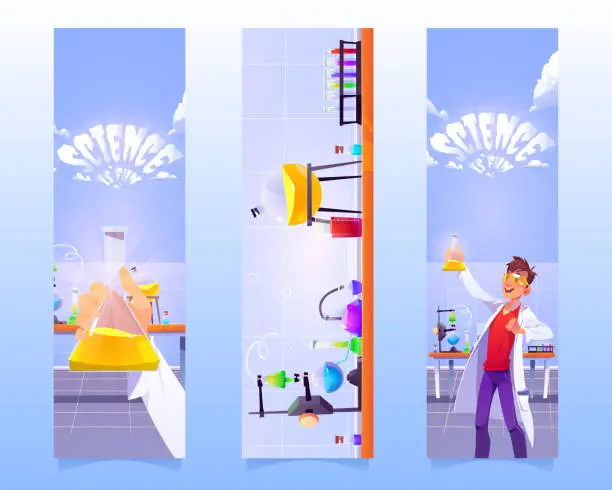 Vector illustration of Banners with man with flask in chemical laboratory