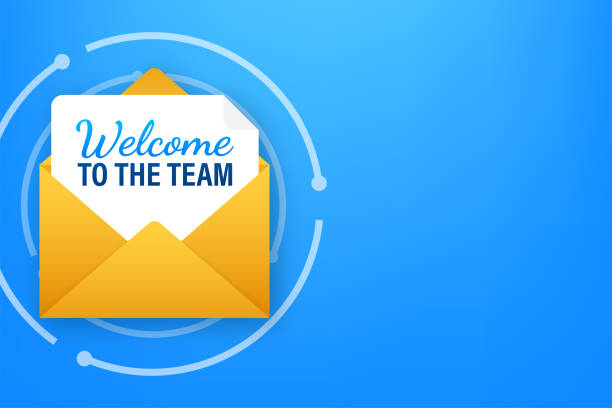 Icon with welcome team for banner design. Business communication vector banner. Cartoon font. Icon with welcome team for banner design. Business communication vector banner. Cartoon font employee introduction stock illustrations