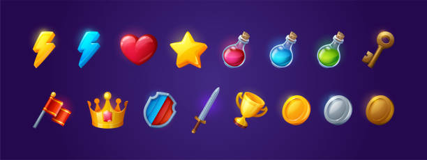 Game icons with heart, lightning, coins and star vector art illustration