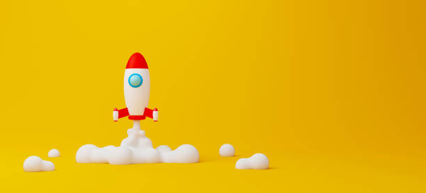 istock Creative thinking ideas and innovation concept. Rocket flying on yellow background. 3d render illustration 1340406118