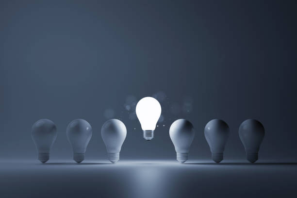 Light bulb bright outstanding among lightbulb on white background. Concept of creative idea and inspire innovation, Think different, Standing out from the crowd. 3d rendering illustration Light bulb bright outstanding among lightbulb on white background. Concept of creative idea and inspire innovation, Think different, Standing out from the crowd. 3d rendering illustration genius at school stock pictures, royalty-free photos & images