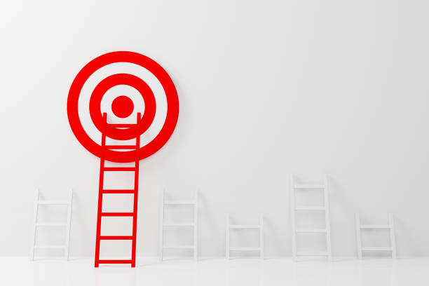 Stand out from the crowd and think different creative idea concepts. Longest red color ladder growing up growth to aiming high to goal target. 3d illustration