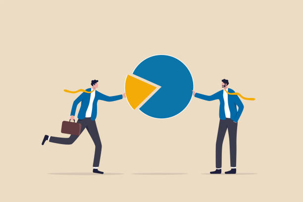 Company shareholder, investor or owner who hold percentage or company share assets, market distribution concept, businessman people holding part of pie chart metaphor of holding stock share. Company shareholder, investor or owner who hold percentage or company share assets, market distribution concept, businessman people holding part of pie chart metaphor of holding stock share. shareholder stock illustrations