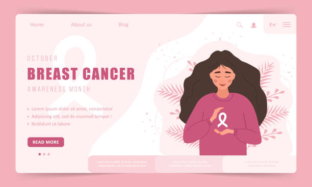 Breast cancer awareness month. Landing page template. Happy woman with ribbon. Annual international health campaign. Vector illustration in flat cartoon style Breast cancer awareness month. Landing page template. Happy woman with ribbon. Annual international health campaign. Vector illustration in flat cartoon style. breast cancer awareness stock illustrations