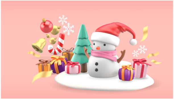 istock Christmas objects for poster design Snowman surrounded by gift boxes, stars, bells, Christmas balls, ribbons and snow on a pink background. 1340410701