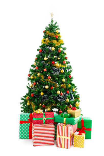 istock Composition of christmas tree with decorations and presents on white background 1340411934