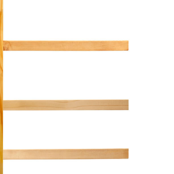 Close-up of empty three-tiered wooden shelves on a white background.