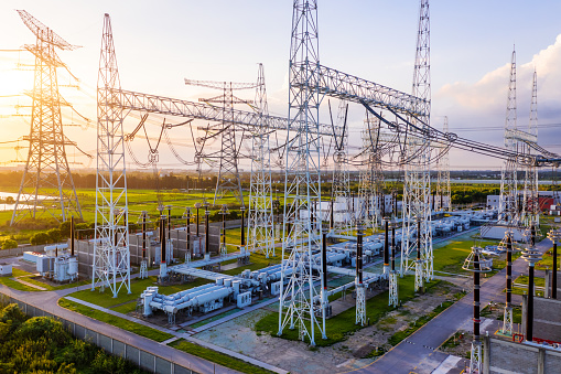 Aerial view of a high voltage substation.Industrial power tower background.