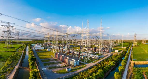 Aerial view of a high voltage substation. stock photo