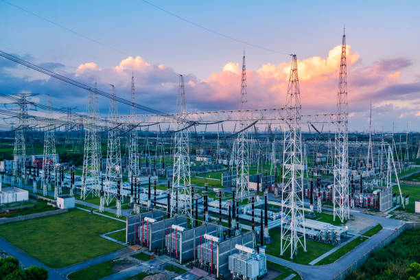 aerial view of a high voltage substation. - central elétrica imagens e fotografias de stock