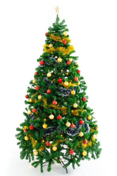 istock Composition of christmas tree with baubles and star decorations on white background 1340414259