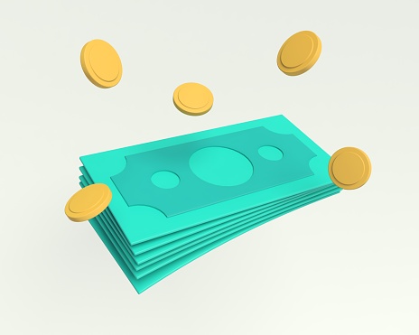 Bundles cash and floating coins around. Dollar icon. 3D render illustration