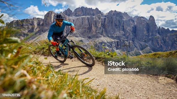 Mtb Mountain Biking Outdoor On The Dolomitesenduro Discipline Over A Single Trail Track Stock Photo - Download Image Now