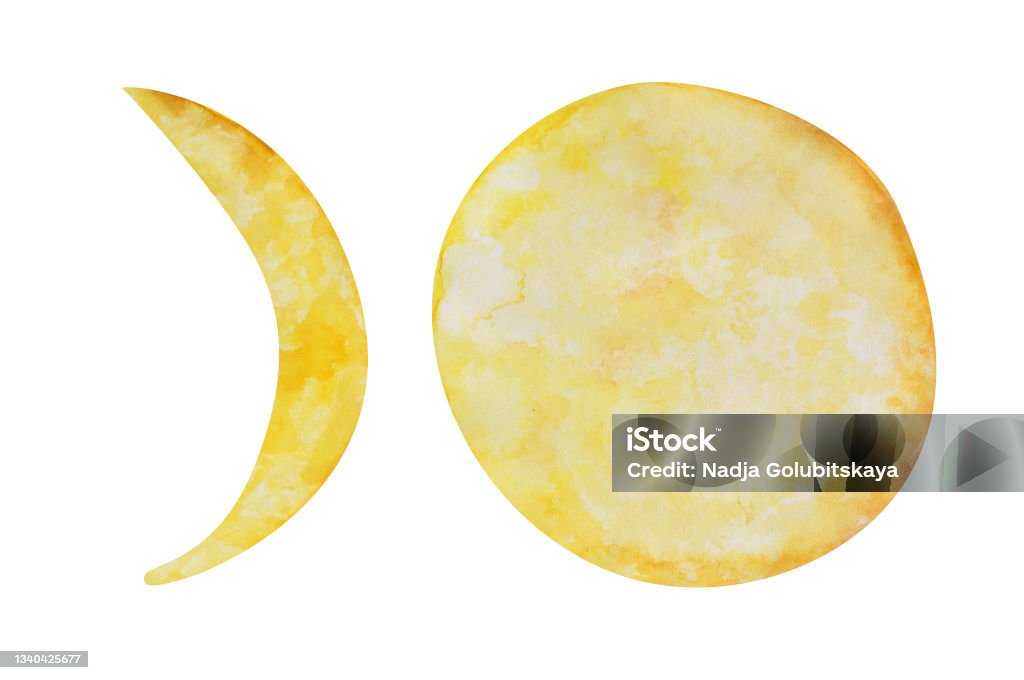 Moon Isolated On A White Background Watercolor Set Of A Halfmoon And A Full  Moon Illustration Arabian Simbol Clipart Handdrawn Abstract Objects Yellow  Moons In A Cartoon Style Simple Shapes Stock Illustration -