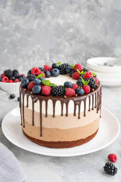 istock Three chocolate mousse cake with chocolate glaze, blueberries, raspberries and blackberries on top on a white plate on a gray concrete background. Cake with three layers of different taste. Copy space. 1340425957