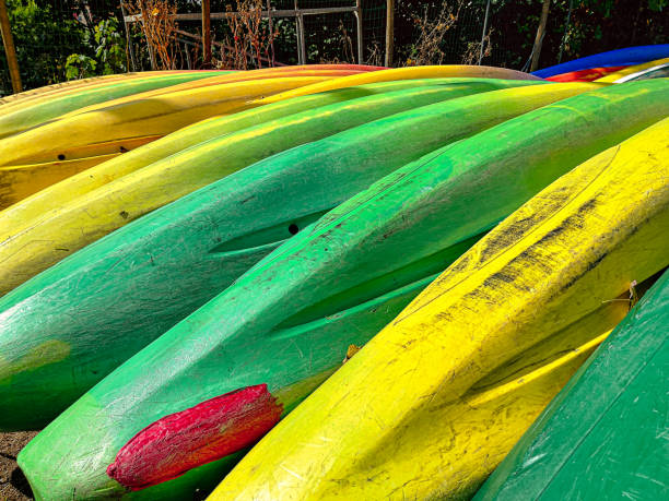 istock Colorful canoes on beach on sunny day 1340429074