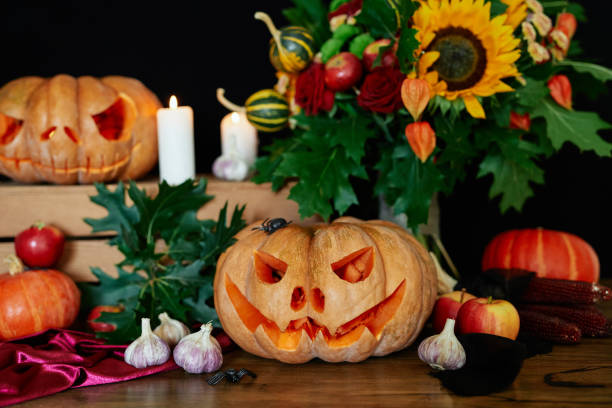istock Halloween concept dark background. Scary Jack o'lantern 1340431327