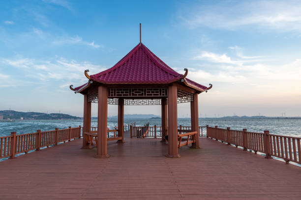 Park shelter, white gazebo along Lake Ontario,  in Niagara on the Lake, Ontario, Canada.