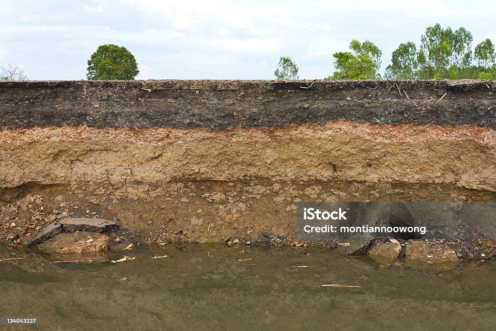 Photo showing layers of earth beneath the asphalt Layer of soil beneath the asphalt road. Dirt Stock Photo