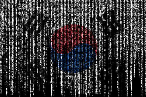 Flag of South Korea on a computer binary codes falling from the top and fading away.