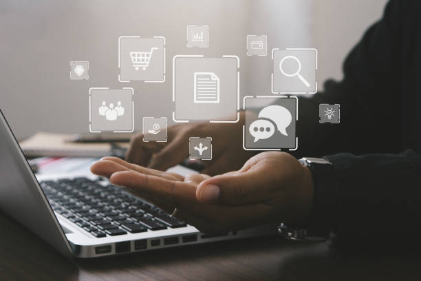 istock Digital Marketing Concept.Businessman hand working with laptop computer, tablet and smart phone in office with virtual icon diagram. 1340433532