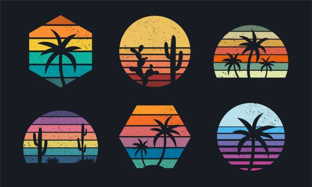 Retro Sunset Retro sunset collection 80s style. Striped colorful shapes with tropical palms and cacti sun exposure stock illustrations